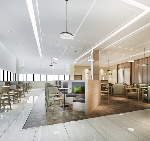 A modern setting in a cafeteria.